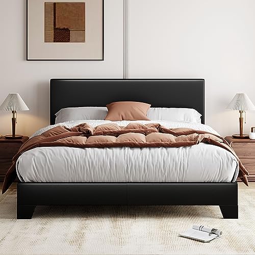 Allewie Queen Bed Frame with Adjustable Headboard, Faux Leather Platform Bed with Wood Slats, Heavy Duty Mattress Foundation, No Box Spring Needed, Noise-Free, Easy Assembly, Black