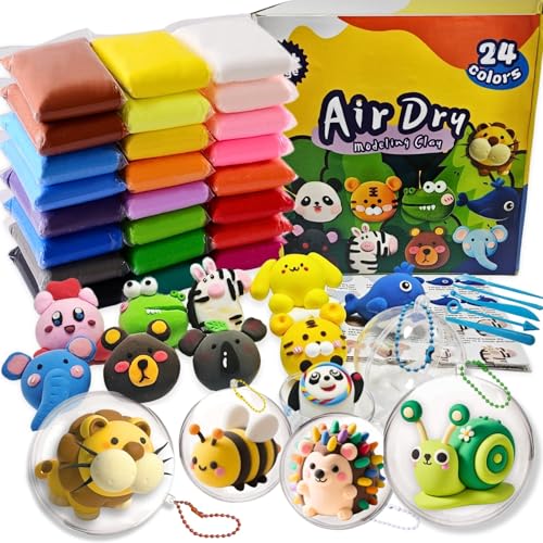 Kit d'argile à modeler Air Dry - 24 couleurs - Pâte à modeler à l'air libre - Avec 5 accessoires de pâte à modeler - 4 boules en plastique à remplir -...