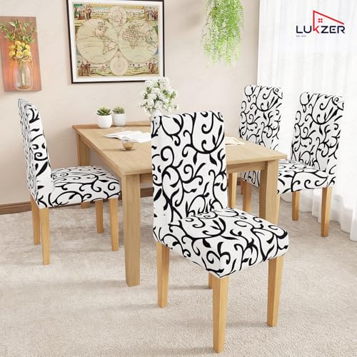 Image of Lukzer 1PC White Design Stretchable Dining Chair Cover | Universal Fit Removable Washable Slipcover | 140 GSM Polyester + Spandex | Elastic Protective Cover for Home & Hotel Chairs Seat Slipcover