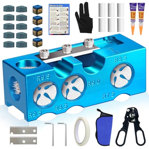 JAC HouseHold 11-in-1 Billiards Pool Cue Tips Shaper,Upgraded Aluminum Alloy Pool Cue Tips Replacement Kit Professional Cue Stick Tool,Pool Cue Accessories for Replacement and Shaping Cue Tips