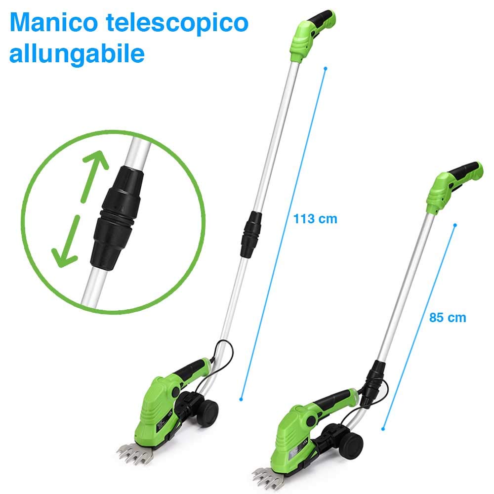 Bakaji Tijeras de podar eléctricas a batería con mango telescópico extensible, cortasetos, desbrozadora, cortasetos, 2 cuchillas intercambiables de 9 cm y 17 cm de acero
