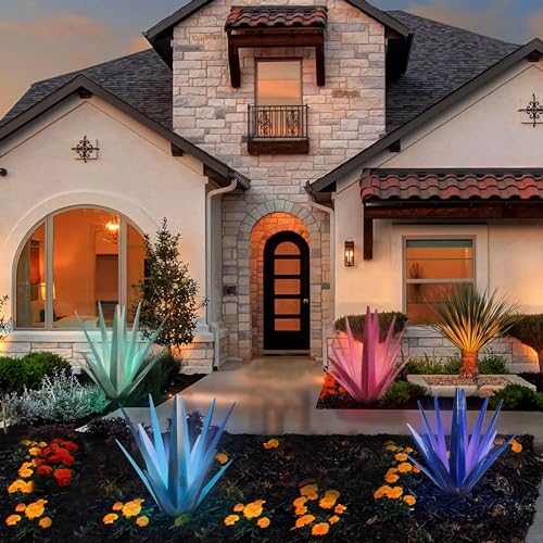 Image of KODIBO Large Metal Agave Plant Outdoor Decor with Solar Light, Dark Blue