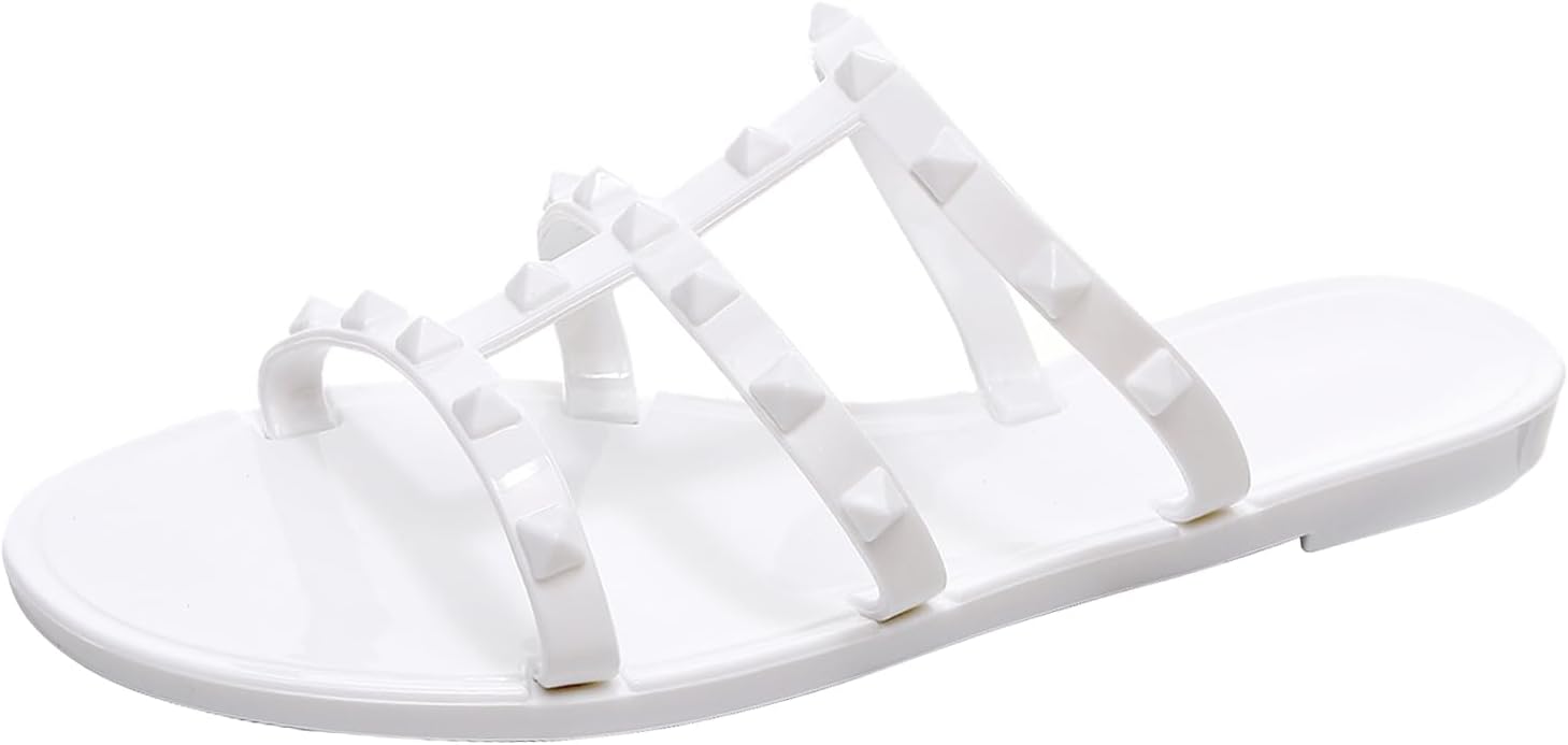 Women Flats Sandals, Studded Jelly Shoes Size 9 Red Dressy Summer Beach Rivets Strappy Jellies Slide Slip On Open Toes