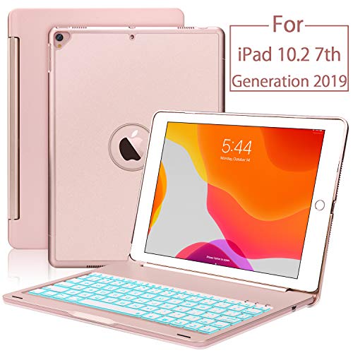 Boriyuan New iPad 10.2 7th Generation 2019 Keyboard Case, Protective Ultra Slim Hard Clamshell Folio Stand Smart Cover with 7 Colors Backlit Wireless Bluetooth Keyboard for iPad 10.2 inch (Rose Gold)