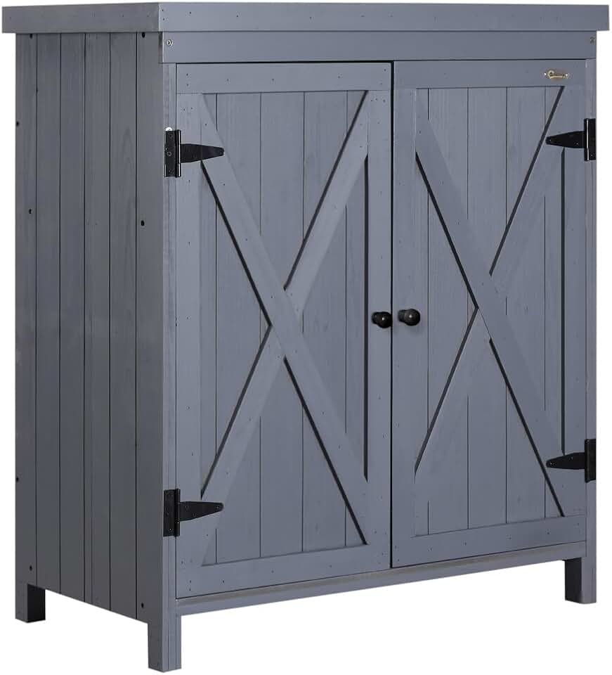 Outdoor Storage Cabinet, Grey Tool Shed with Galvanized Top & Shelves