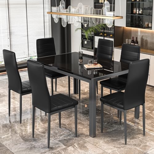 DKLGG 7-Piece Dining Table Set for 6, Tempered Glass Kitchen Table with PU Leather Chairs, Modern Dining Room Table Set for Small Space, Dinette, Apartment, Black