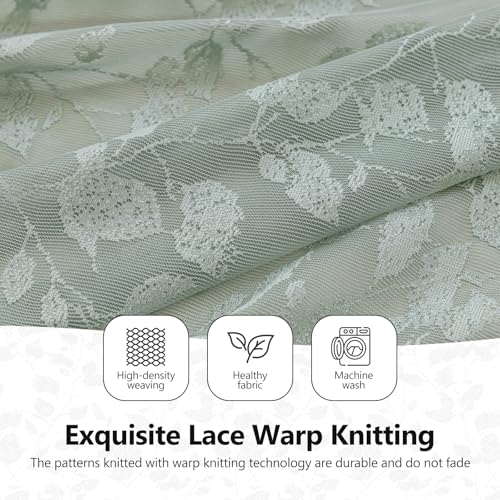 Rinwoc Sage Green Lace Semi-Sheer Valance Curtains 2 Panels – Vintage Leaf Lace Tier Drapes for Bedroom, Privacy Light Filtering Rod Pocket Window Valance, Elegant Scalloped Valances, 52W x 18L Inch by Rinwoc - Image 8