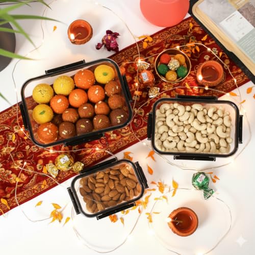 Image of PEARLPET Luxeseal Airtight Food Storage Containers | 3-Piece Rectangular Jar Set | 400ml, 900ml, 1600ml | BPA-Free PET, Stackable, Festive Gift Set, Black