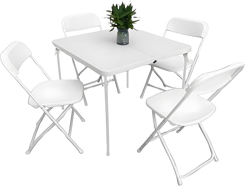 JB Tools Juego de mesa y silla plegable de 5 piezas, incluye mesa de tarjetas de media plegado de 34 x 34 pulgadas y 4 sillas plegables de plástico,