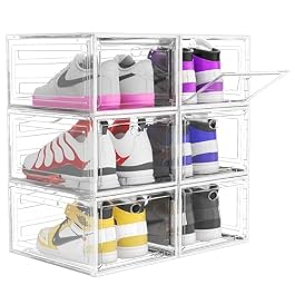 Upgrade Harder Solid Plastic Shoe Organizer, Shoe Storage with Magnetic Front Door, Shoe Rack 6 Pack Shoe Boxes Clear Stackable, Sneaker Storage, Shoe Organizer for Closet, Shoe Display Case, White