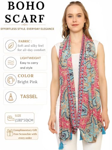 Image of KE KANHA EXPORT Women Scarf|Stole For Women|Scarf For Women Stylish|Stall For Women|Border Print Face Cover Head Wrap|Boho|Beach|Multicolor|180x50cm|Pack Of 1|FREE Scrunchie Included