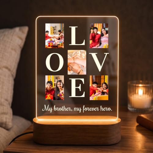 Image of Giftplease Personalized Photo Acrylic Night Light - Custom LED Table Lamp with Wooden Base, Photo Collage Frame - Custom Birthday, Rakhi, & Special for Brother