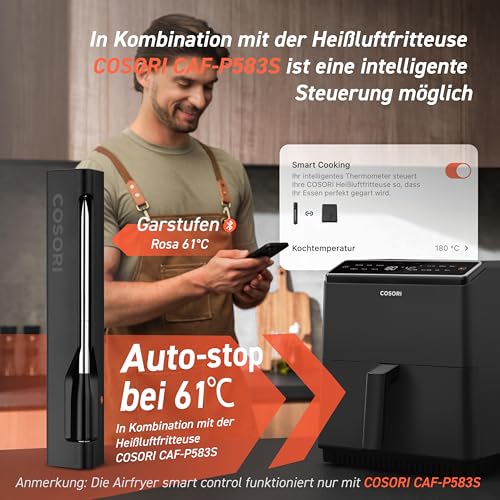 COSORI Erstes Smartes Fleischthermometer, Kabelloses Grillthermometer Bluetooth, perfekt für Heißluftfritteuse, Bratenthermometer für Küche und Grill, Spülmaschinenfest, Schwarz