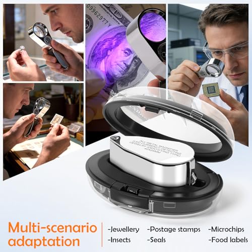 Image of Leffis 40X Jewelers Loupe Magnifier Magnifying Glasses, LED /UV Illuminated Jewelry Loop Pocket Folding Magnifying Glass with Metal Construction for Close Work, Gardening, Kids, Stamp, Rock Collecting