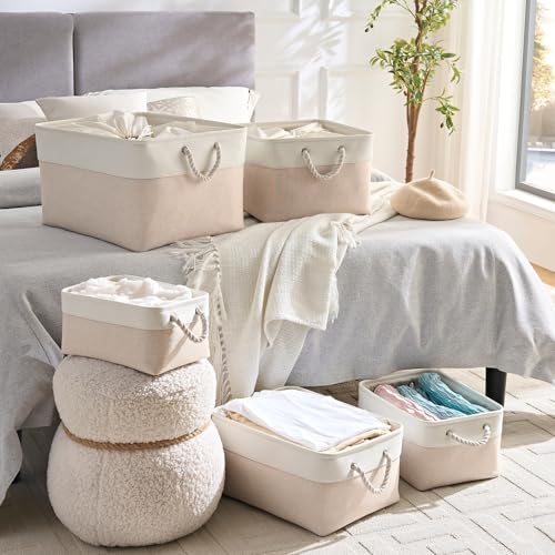 Mangata Aufbewahrungsbox Stoff,Klein Waschbare Aufbewahrungskorb, Korbe in Würfel für Schrank Regal und Kleidung(Hellbeige/Weiß, S, 1 Set)