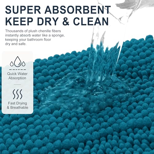 Image of Smiry Thick Chenille Bathroom Runner Rugs 44x24, Extra Absorbent Striped Bath Mat, Machine Washable, Rubber Backing, Long Bath Rugs for Tub & Shower, Modern Home Decor Accessories, Peacock Blue