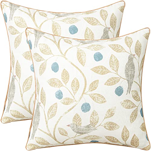 VOGOL Birds and Leaves Throw Pillow Covers, 20 x 20, 2 Covers, Beige