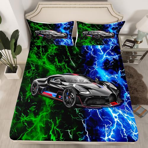 Black Cool Car Fitted Sheet Queen Size 3 Pcs,Blue Green Lightning Neon Light Lines Bedding Set for Kids Teens Adults,Racing Sports Car Decor Bed Sheet with 2 Pillowcases(No Top Sheet)