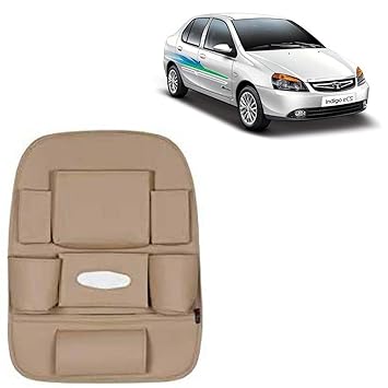 RD Universal PU Leather Car Auto Seat Back Organizer Multi Pocket Travel Storage Bag with Hangers, Tissue Paper and Bottle Holder-Beige Colour Compatible for Tata Indigo CS