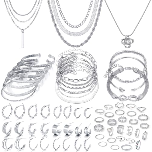 IFKM Silver Jewelry Set For Women, 14k Gold Plated Multi Layer Necklaces Bracelets Stackable Knuckle...