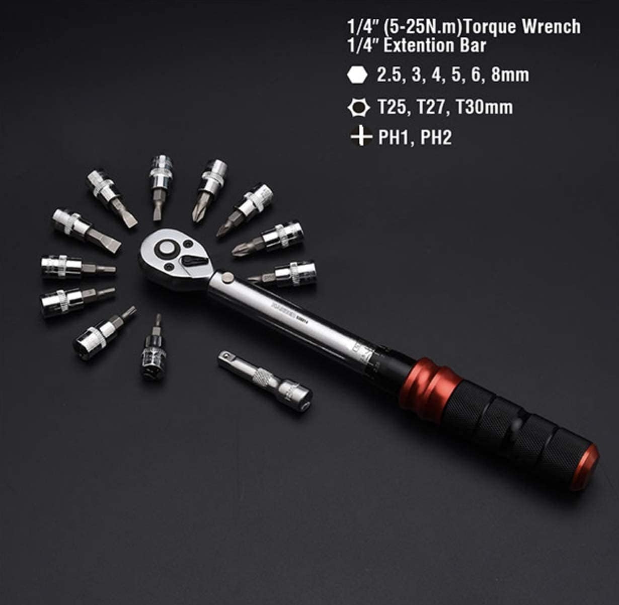 Edward Tools Harden Pro Bike 1/4” Drive Click Torque Wrench Set - 5 to 25 Nm - 13 PC Set For Auto, Bicycle, Motorcycle Maintenance - Hex, Torx, Phillips and Extension Bar - Prevent Over tightening