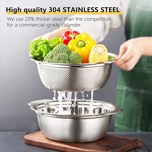 Pojory 304 Stainless Steel Colander With Handle, Micro-Perforated Strainer Colander Set With Mixing Bowl, Bpa Free, Great For Draining Cooked Pasta, Noodles,Vegetables, Fruits And Rice(2Pc)(5-Quart) #TOP1