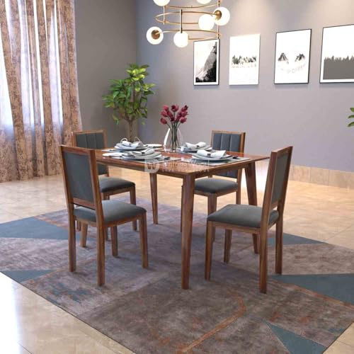 Image of DRIFTINGWOOD Tiya Dining Table 4 Seater | Four Seater Dinning Table with 4 Chairs in Gray Cushions for Home | Rosewood, Honey Finish, Self Assembly(DIY)