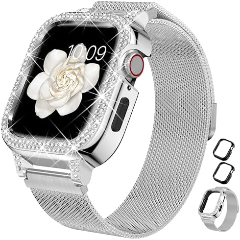 XYF Bling Bands Compatible for Apple Watch Band 40mm for Women with Bumper, Stainless Steel Mesh Magnetic Luxury Diamond Jewelry Milanese Strap Dressy iWatch Loop Series 6/SE 5 4 (40mm, Silver)