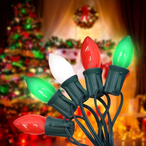 CHYSUPER C7 Christmas Lights, 25 Feet Red Green White Outdoor String Lights with 25 LED Bulbs, Vintage Multicolor Christmas String Lights for Xmas Tree Patio Roofline Holiday Party Wedding Decoration
