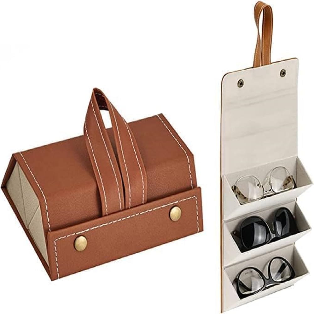 3-Layer Sunglasses Organizer Box, PU Leather Hanging Foldable Eyeglasses Storage for Travel Glasses Case, Leather Sunglass Holder for Men & Women, Compact Eyewear Organizer with Hanging Loop-image-8