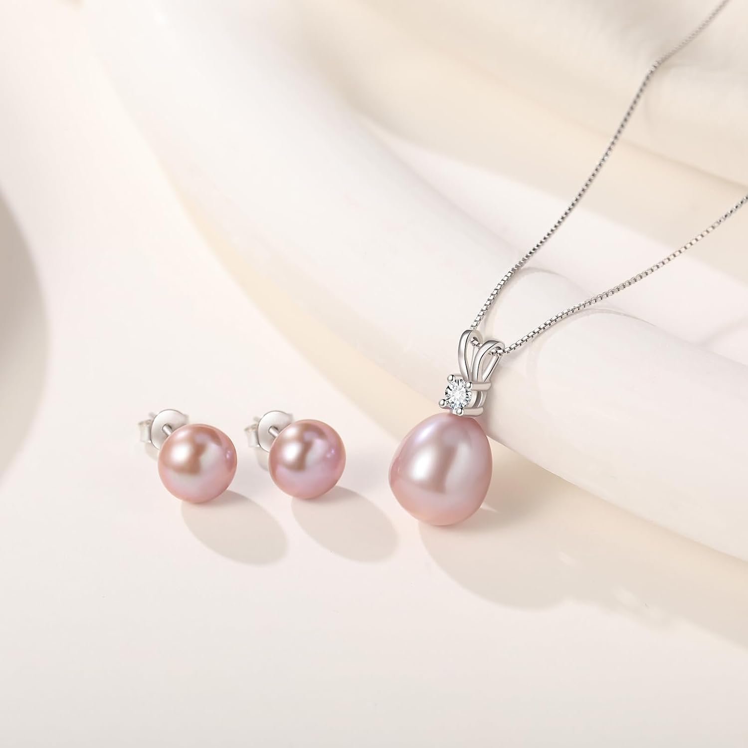 YAMI Pearl Jewelry Set for Women, 9.5-11mm AAAA Freshwater/Saltwater Pearl Necklace & 8-8.5mm Stud Earrings, 925 Sterling Silver, Hypoallergenic Gift for Her