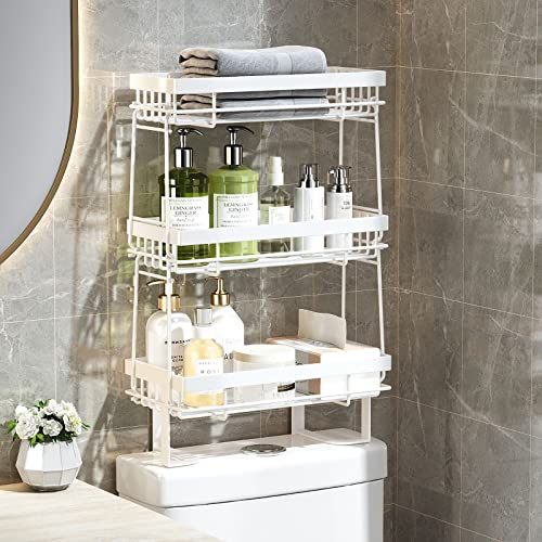 Three Tier Over The Toilet Storage Rack, Multifunctional Bathroom Organizer Shelf with 6 Hooks + Accessories, No Drilling & Easy Installation & Space Saving (White)