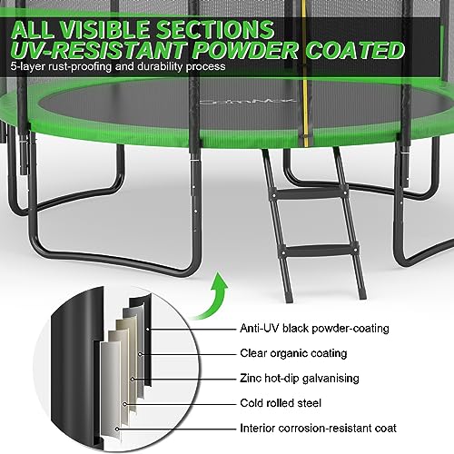 CalmMax Trampoline 12FT Jump Recreational Trampolines with Enclosure Net - ASTM Approved - Combo Bounce Outdoor Trampoline for Kids Family Happy Time Green
