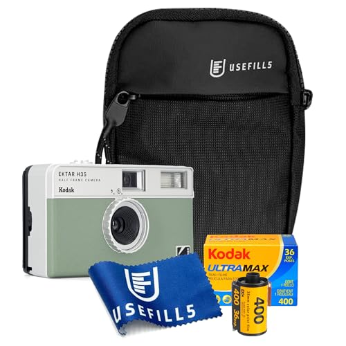 Reusable Film Camera 35mm Bundle Includes Kodak Ektar H35 Half Frame Film Camera Color Sage Kodak Ultramax 400 Camera Films with Branded Microfiber Cleaning Cloth and Camera Bag by USEFILL5