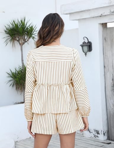 Bankeng Women Y2K Tie Front 2 Piece Shorts Set Plaid Long Puff Sleeve Peplum Top Summer Cute Lounge Sets4