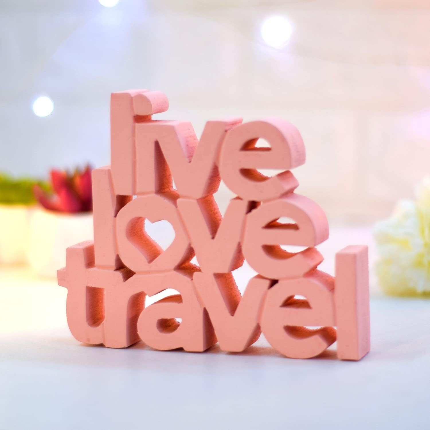 NUKKAD TALESLive Love Travel Peach, Aesthetic table decor for home or office, desk or Shelf. Quirky room decoration showpiece, ideal for birthday gift, corporate gift, and inspiring wall decor
