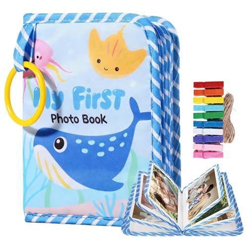 My First Baby Photo Album Soft Fabric Book Holds 17 Photos Includes Mirror & 10PCS Colored Mini Clips with Jute String Ocean Animal Theme Unisex Kids Memory Keepsake Gift