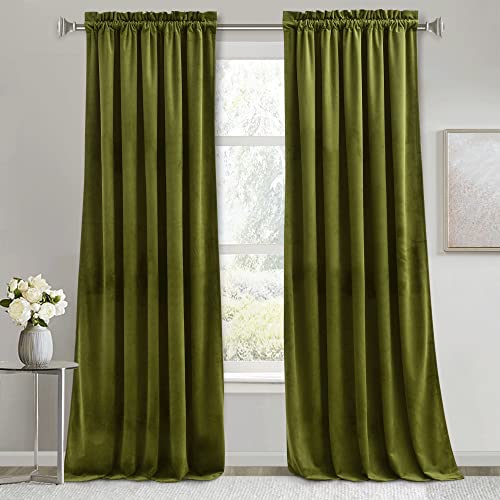 Image of RYB HOME Moss Green Velvet Curtains 90 inches Long for Living Room, Thermal Insulated Room Darkening Window Decor for Holiday Backdrop Privacy Drapes, W52 x L90, 2 Panels | Thermal Insulated, Privacy, Sunlight UV Heat Blocking, Luxurious Decor, Dining Room Nursery, Rod Pocket, W52 x L90, 2 Panels