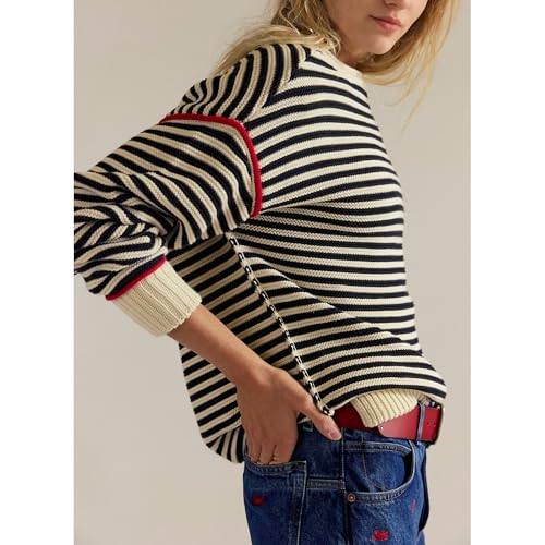Hixiaohe Oversized Sweaters for Women Striped Cute Knit Sweater Long Sleeve Crew Neck Pullover Tops Trendy Loose Fit Clothes3