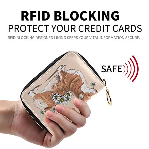 MOYYO RFID Credit Card Holder Case Funny Welsh Corgi Dog With A Chamomile Flowers Leather Printed Zipper Card Case Wallet for Women Girls2
