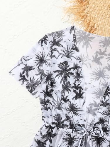 Image of Girl's 3 Piece Bikini Set Tropical Leaf Print Swimwear Bathing Suit Swimsuit with Kimono Cover Up Black 10Y
