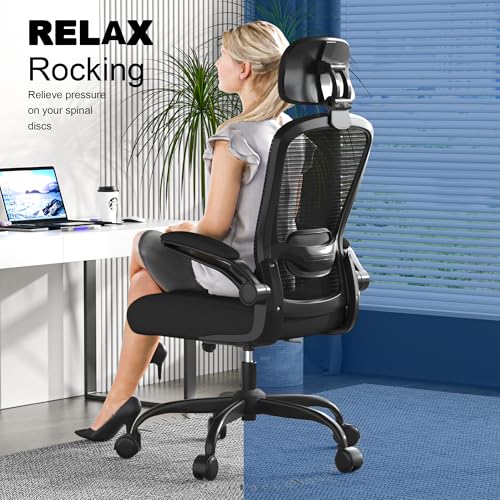 Mimoglad Office Chair, Comfy Desk Chair - High Back Ergonomic Computer Chair with Adjustable Lumbar Support & Headrest, Flip-up Armrests for Guitar Playing (Black(Black Frame)) by Mimoglad - Image 5