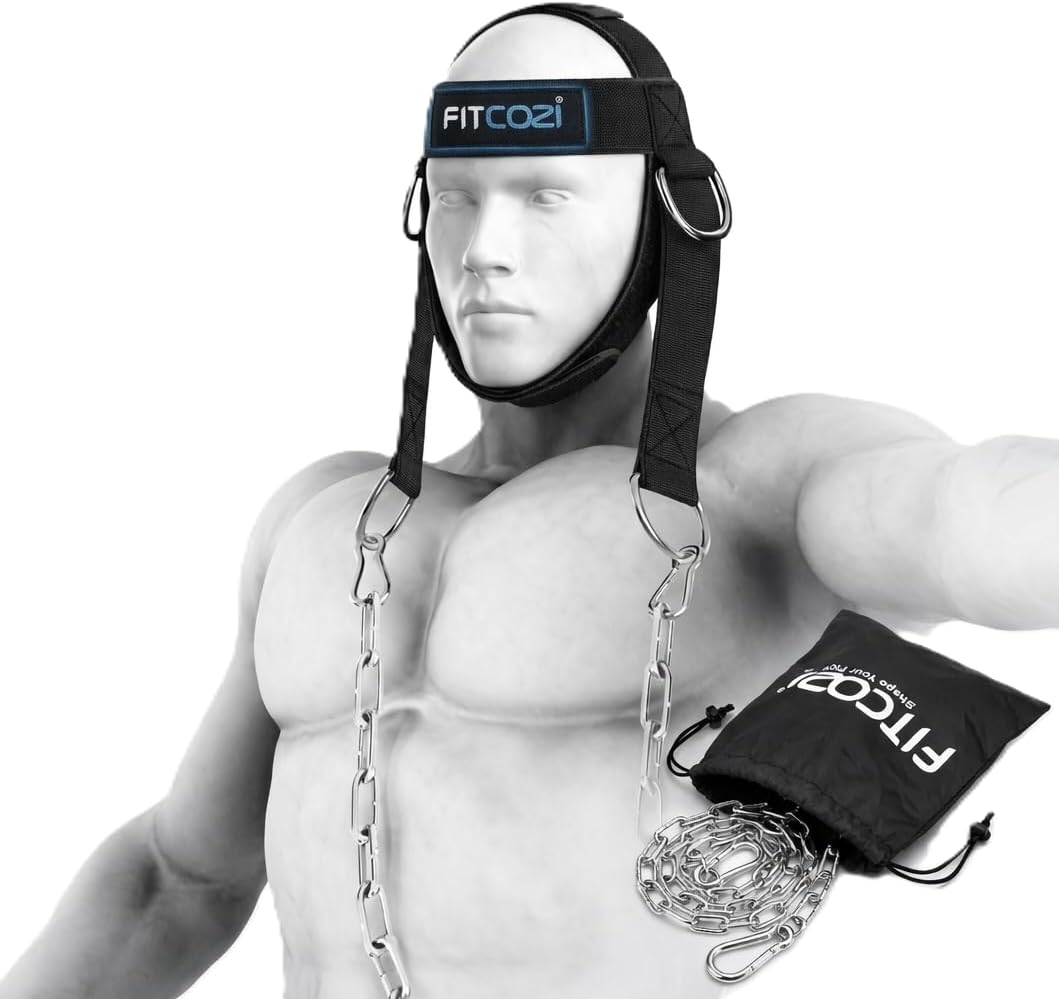 FITCOZI Neck Harness for Weight Training - Adjustable Heavy Duty Head Harness with Steel Chain and Double D Rings for Neck Exercise, Resistance Training and Weight Lifting (Black)