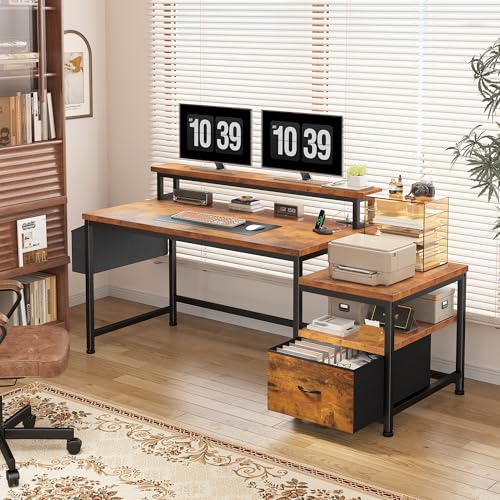 EnHomee 56.5" Office Desk with Drawers and Printer Space,Computer Desk with Power Outlets,Home Office Desks with File Drawers Cabinet,Study and Gaming Desk with Shelves Monitor Stand,Rustic Brown - Thumbnail 3