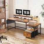 EnHomee 57" Office Desk with Drawers and Printer Space,Computer Desk with Power Outlets,Home Office Desks with File Drawers Cabinet,Study and Gaming Desk with Shelves Monitor Stand,Rustic Brown - Image 3