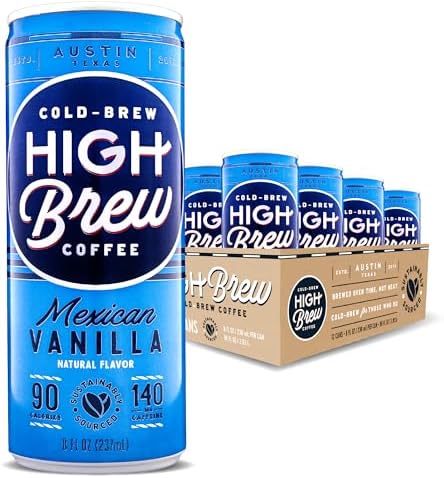 High Brew Coffee | Lightly Sweetened Cold Brew Iced Coffee with Pure Cane Sugar – 140 mg Natural Caffeine, Patiently Brewed, Never Heated. Low-Acid, Ready-to-Drink | 8 oz Can (Mexican Vanilla)