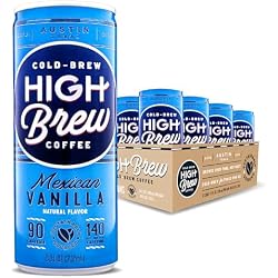 High Brew Coffee | Lightly Sweetened Cold Brew Iced Coffee with Pure Cane Sugar – 140 mg Natural Caffeine, Patiently Brewed, Never Heated. Low-Acid, Ready-to-Drink | 8 oz Can (Mexican Vanilla)