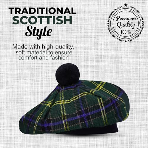 Image of Scottish Tam O' Shanter Hat Tartan Bonnet Pom Pom Wool Flat Cap One Size