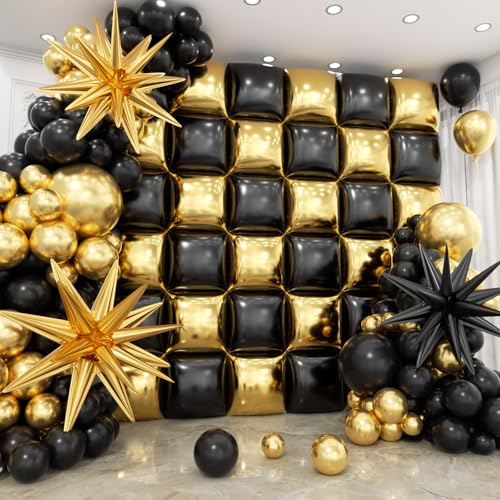 36pcs Gold and Black Square Foil Balloons Wall Backdrop with 147p...