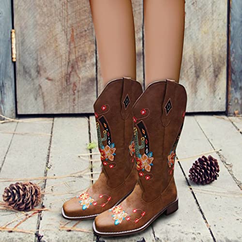 Tkukkwr Schoenen Laarzen Winterlaarzen voor Vrouwen MidShoes Cactus Dames Teen Laarzen Borduurwerk Mode Quadrate Kleur Vrouwen Laarzen Cowboy Laarzen - Afbeelding 8